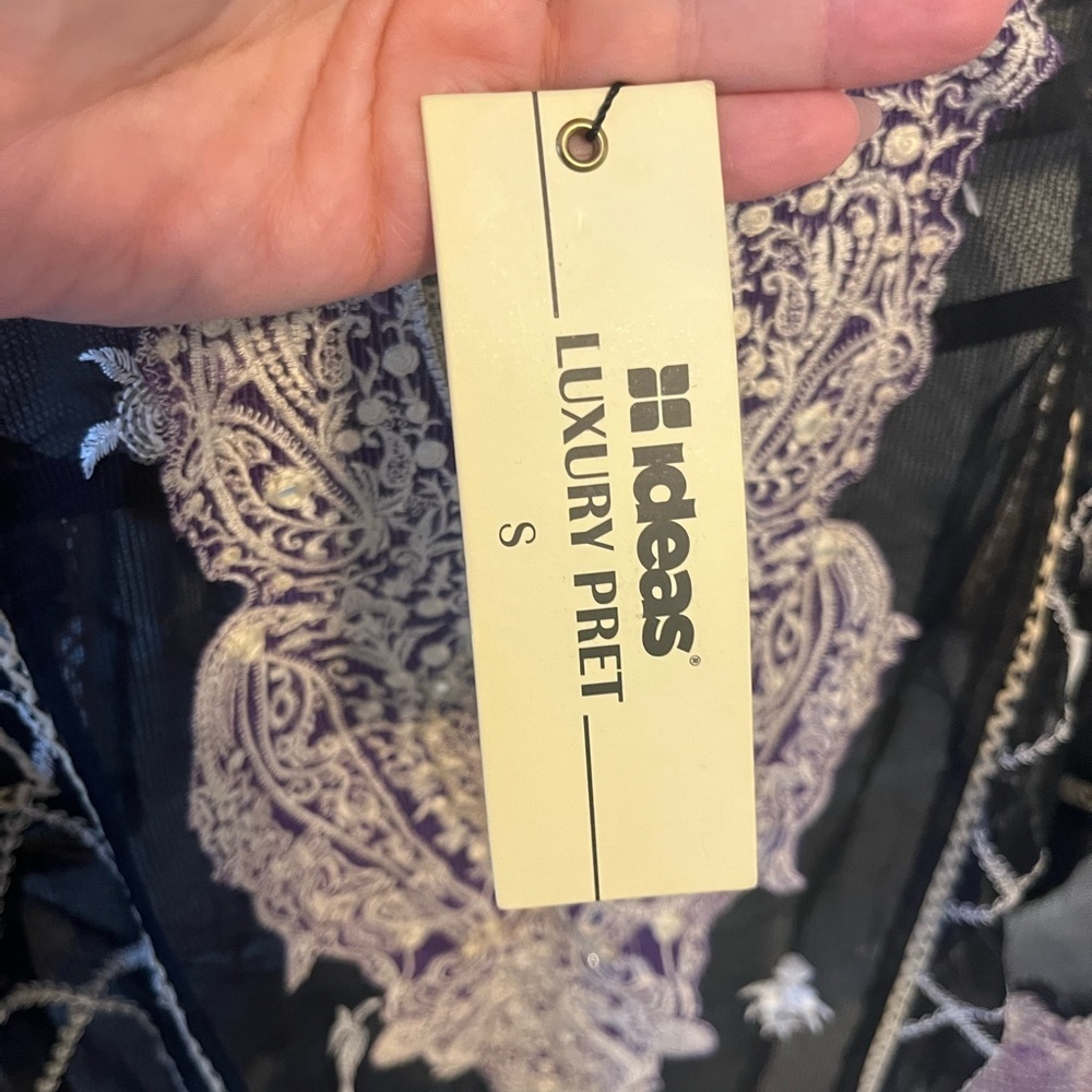 IDEAS Luxury Pret Embroidered Sheer Kurta | Black & Purple Khaadi Net | Small - Picture 6 of 10